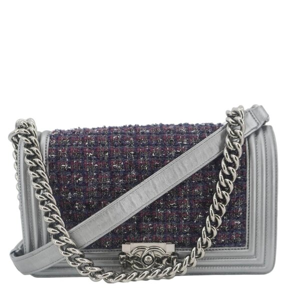 Chanel  Boy Flap Tweed Bag Shoulder Bag Silver - Picture 1 of 15